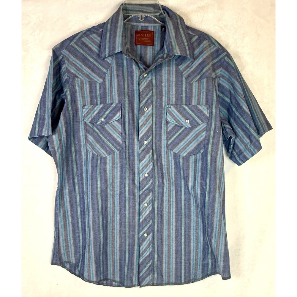 Rustler Western Shirt L Striped Pearl Snap Cowboy Rodeo Short Sleeve Long Tail